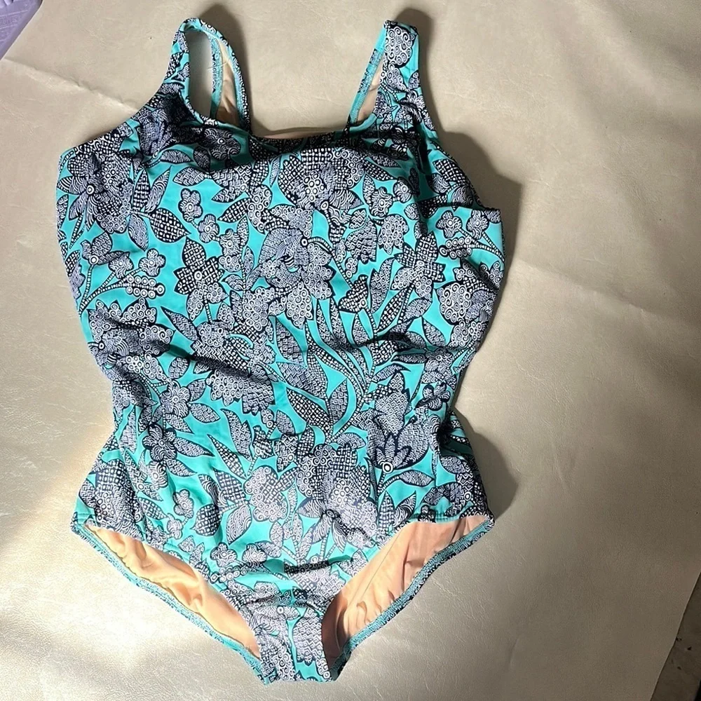Lands' End Blue Floral One Piece Swimsuit